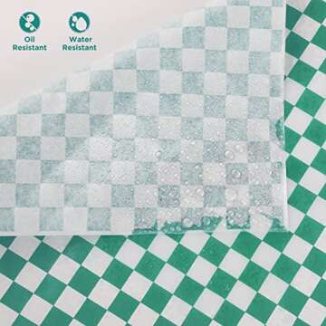 GeeRic Waxed Deli Paper Sheets 12 * 12 Inch, 100 Pcs Food Basket Liners for Sandwiches, Burgers, Checkered Deli Wrap Wax Paper Sheets Green