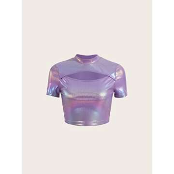 Verdusa Women's Metallic Crop Tee Top Cut Out Mock Neck Short Sleeve Glitter T Shirt Purple M