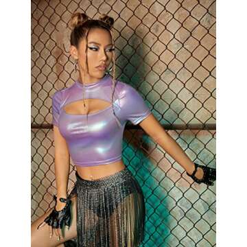 Verdusa Women's Metallic Crop Tee Top Cut Out Mock Neck Short Sleeve Glitter T Shirt Purple M