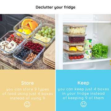 UpBento Space-Saving Glass Food Storage Containers with Lids of Bamboo (Set of 4) |2, 3 Compartments...