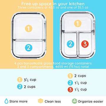 UpBento Space-Saving Glass Food Storage Containers with Lids of Bamboo (Set of 4) |2, 3 Compartments (4650 ML total) Eco-friendly Glass Meal Prep Containers |Microwave, Oven, Freezer, Dishwasher Safe