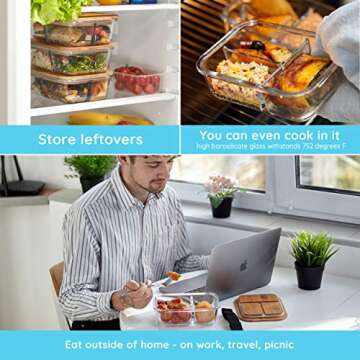 UpBento Space-Saving Glass Food Storage Containers with Lids of Bamboo (Set of 4) |2, 3 Compartments (4650 ML total) Eco-friendly Glass Meal Prep Containers |Microwave, Oven, Freezer, Dishwasher Safe