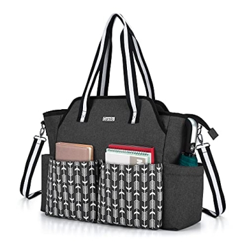 CURMIO Teacher Work Bag for Women, Portable Teacher Utility Tote Bag with Padded Laptop Sleeve, Blac...