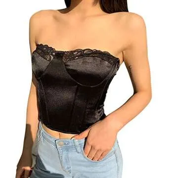 Women Bustier Corset Top Y2K Push Up Crop Tops Strap Tank Top Party Clubwear Bodice Vintage Streetwear (CT-Black,S)