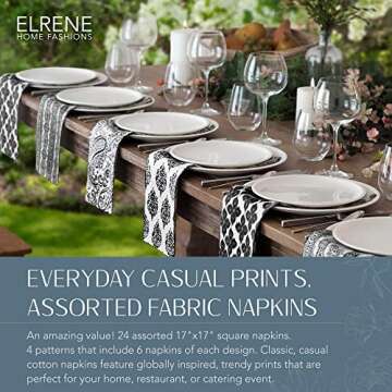 Elrene Home Fashions Everyday Casual Prints Assorted Cotton Fabric Napkins, Set of 24, 17" x 17", Black, 24 Count