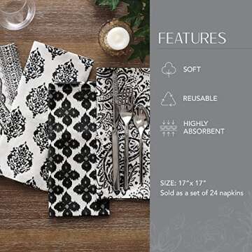 Elrene Home Fashions Everyday Casual Prints Assorted Cotton Fabric Napkins, Set of 24, 17" x 17", Black, 24 Count