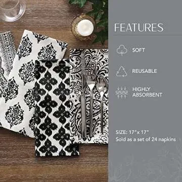 Elrene Home Fashions Everyday Casual Prints Assorted Cotton Fabric Napkins, Set of 24, 17" x 17", Black, 24 Count