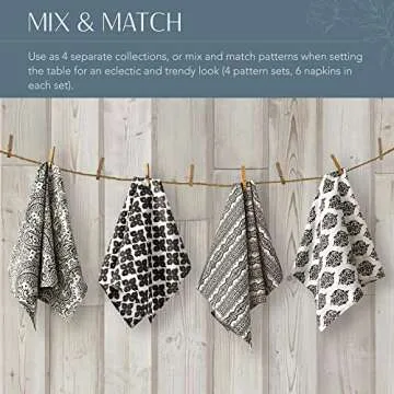 Elrene Home Fashions Everyday Casual Prints Assorted Cotton Fabric Napkins, Set of 24, 17" x 17", Black, 24 Count