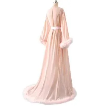 Molisa Sexy Feather Robe for Women Chiffon Long Lingerie Wedding Scarf Illusion Nightgown Bathrobe Bridal Robe Pink S/M