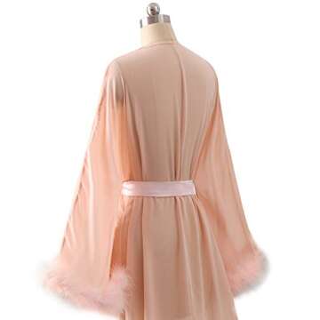 Molisa Sexy Feather Robe for Women Chiffon Long Lingerie Wedding Scarf Illusion Nightgown Bathrobe Bridal Robe Pink S/M