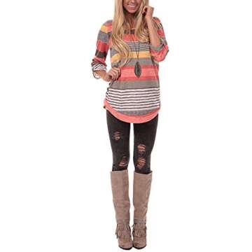 HUHHRRY Womens Striped Sweatshirt Tunic Tops Long Sleeve Casual Crew Neck T Shirt Top Blouse, Orange Color Striped, Medium