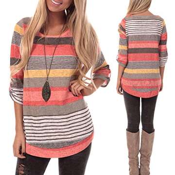 HUHHRRY Womens Striped Sweatshirt Tunic Tops Long Sleeve Casual Crew Neck T Shirt Top Blouse, Orange Color Striped, Medium