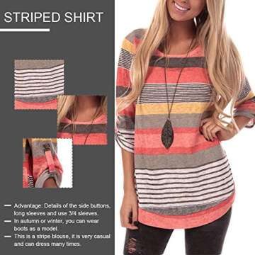 HUHHRRY Womens Striped Sweatshirt Tunic Tops Long Sleeve Casual Crew Neck T Shirt Top Blouse, Orange Color Striped, Medium