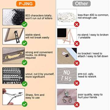 Felt Letter Board 10x10 Inches, Gray Changeable Message Board with Stand & Wall Hook, 803 Black & White Letters, Emojis, Months & Weeks, Arabic Numerals, Canvas Bag and Scissors - Rustic Wood Frame