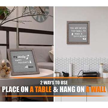 Felt Letter Board 10x10 Inches, Gray Changeable Message Board with Stand & Wall Hook, 803 Black & White Letters, Emojis, Months & Weeks, Arabic Numerals, Canvas Bag and Scissors - Rustic Wood Frame