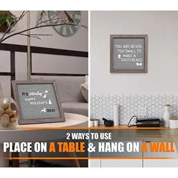 Felt Letter Board 10x10 Inches, Gray Changeable Message Board with Stand & Wall Hook, 803 Black & White Letters, Emojis, Months & Weeks, Arabic Numerals, Canvas Bag and Scissors - Rustic Wood Frame