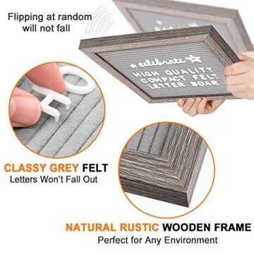 Felt Letter Board 10x10 Inches, Gray Changeable Message Board with Stand & Wall Hook, 803 Black & White Letters, Emojis, Months & Weeks, Arabic Numerals, Canvas Bag and Scissors - Rustic Wood Frame