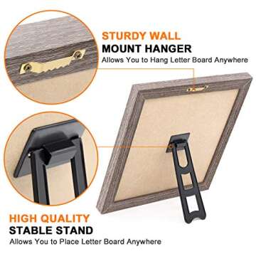 Felt Letter Board 10x10 Inches, Gray Changeable Message Board with Stand & Wall Hook, 803 Black & White Letters, Emojis, Months & Weeks, Arabic Numerals, Canvas Bag and Scissors - Rustic Wood Frame