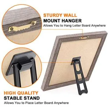 Felt Letter Board 10x10 Inches, Gray Changeable Message Board with Stand & Wall Hook, 803 Black & White Letters, Emojis, Months & Weeks, Arabic Numerals, Canvas Bag and Scissors - Rustic Wood Frame