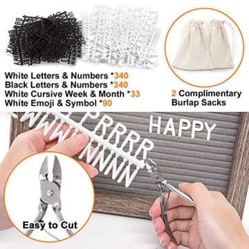 Felt Letter Board 10x10 Inches, Gray Changeable Message Board with Stand & Wall Hook, 803 Black & White Letters, Emojis, Months & Weeks, Arabic Numerals, Canvas Bag and Scissors - Rustic Wood Frame