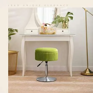 LUE BONA 360°Swivel Vanity Stool Chair for Makeup Room, Height Adjustable Stool for Vanity with Storage, Small Matcha Green Velvet Vanity Stool for Bathroom, Living Room