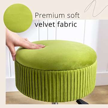 LUE BONA 360°Swivel Vanity Stool Chair for Makeup Room, Height Adjustable Stool for Vanity with Storage, Small Matcha Green Velvet Vanity Stool for Bathroom, Living Room