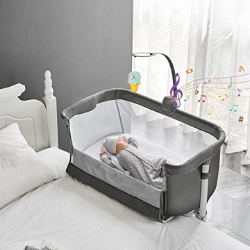 Yacul Baby Bassinet Bedside Sleeper, with Music Box, Easy to Assemble Bed to Bed, Adjustable Portabl...