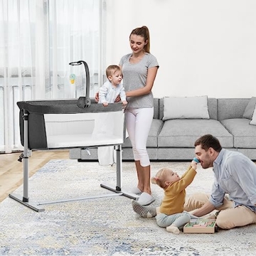 Yacul Baby Bassinet Bedside Sleeper, with Music Box, Easy to Assemble Bed to Bed, Adjustable Portable Crib for Infants Baby Boys and Girls (Dark Gray)