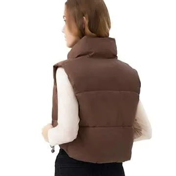 ANAYSN Women's Cropped Puffer Vest Sleeveless Warm Vests For Women Winter Brown Puffy Vest Lightweight Cropped Puffer Jackets（Bear;S）