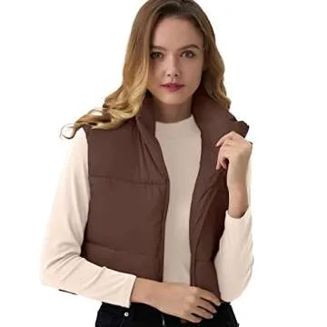 ANAYSN Women's Cropped Puffer Vest Sleeveless Warm Vests For Women Winter Brown Puffy Vest Lightweight Cropped Puffer Jackets（Bear;S）