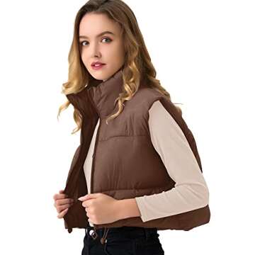 ANAYSN Women's Cropped Puffer Vest Sleeveless Warm Vests For Women Winter Brown Puffy Vest Lightweight Cropped Puffer Jackets（Bear;S）