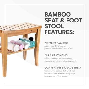 ToiletTree Products Bamboo Bench with Foot Stool - Shower Stool and Foot Stool for The Bathroom or Spa - Stylish Shower Chair for Bathroom Accessories