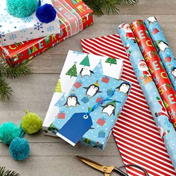 Hallmark Cute Reversible Christmas Wrapping Paper for Kids (3 Rolls: 120 sq. ft. ttl) Penguins, Santa, Trees, Stripes, Snowflakes, Merry Christmas