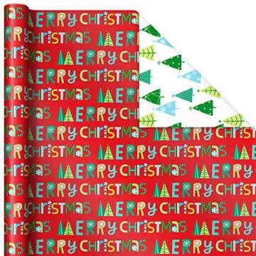 Hallmark Cute Reversible Christmas Wrapping Paper for Kids (3 Rolls: 120 sq. ft. ttl) Penguins, Santa, Trees, Stripes, Snowflakes, Merry Christmas