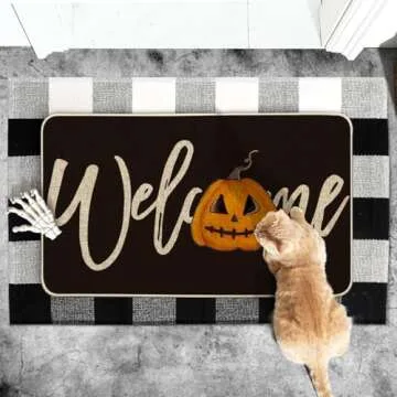 Artoid Mode Black Pumpkin Halloween Welcome Doormat, Home Decor Low-Profile Switch Rug Door Mat Floor Mat for Indoor Outdoor 17x29 Inch