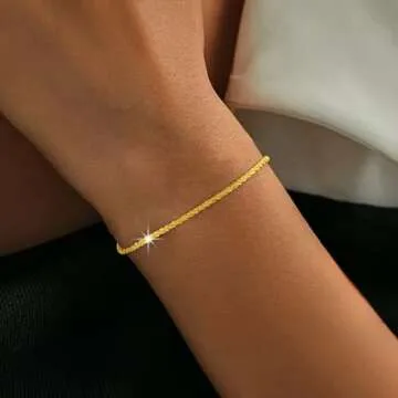 IPEPPY Dainty Shiny 925 Sterling Silver Bracelets for Women 14K Gold Plated Simple Twist Rope Chain ...