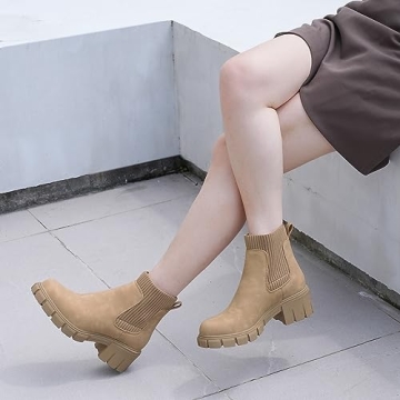 JABASIC Womens Chunky Ankle Boots Slip on Chelsea Boots Elastic Booties (8,Tan)