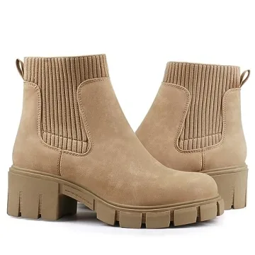 JABASIC Womens Chunky Ankle Boots Slip on Chelsea Boots Elastic Booties (8,Tan)