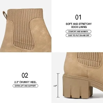 JABASIC Womens Chunky Ankle Boots Slip on Chelsea Boots Elastic Booties (8,Tan)