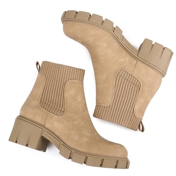 JABASIC Womens Chunky Ankle Boots Slip on Chelsea Boots Elastic Booties (8,Tan)
