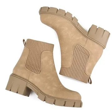 JABASIC Womens Chunky Ankle Boots Slip on Chelsea Boots Elastic Booties (8,Tan)