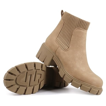JABASIC Womens Chunky Ankle Boots Slip on Chelsea Boots Elastic Booties (8,Tan)