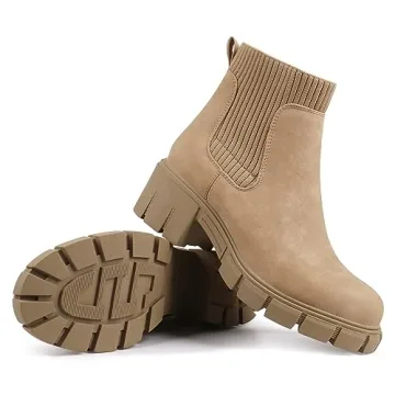 JABASIC Womens Chunky Ankle Boots Slip on Chelsea Boots Elastic Booties (8,Tan)