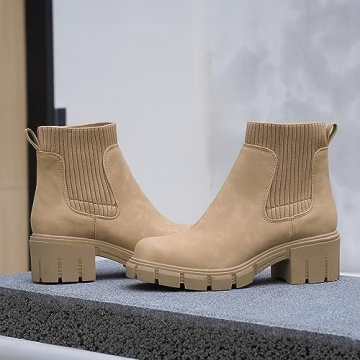 JABASIC Womens Chunky Ankle Boots Slip on Chelsea Boots Elastic Booties (8,Tan)