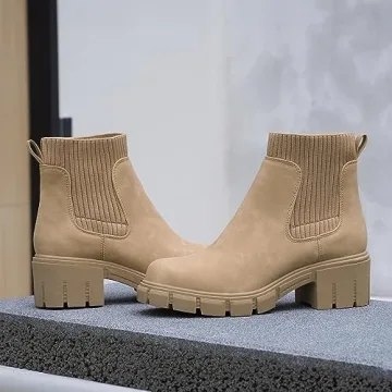 JABASIC Womens Chunky Ankle Boots Slip on Chelsea Boots Elastic Booties (8,Tan)