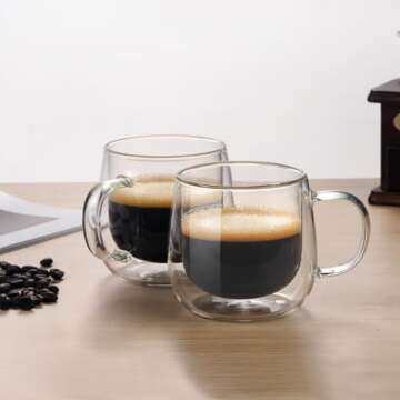 BNUNWISH Double Wall Glass Coffee Mugs 16oz Set of 2 Insulated Clear Tea Cups with Handle, Perfect f...