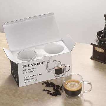 BNUNWISH Double Wall Glass Coffee Mugs 16oz Set of 2 Insulated Clear Tea Cups with Handle, Perfect for Espresso, Latte and Cappuccinos