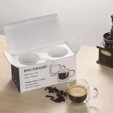 BNUNWISH Double Wall Glass Coffee Mugs 16oz Set of 2 Insulated Clear Tea Cups with Handle, Perfect for Espresso, Latte and Cappuccinos