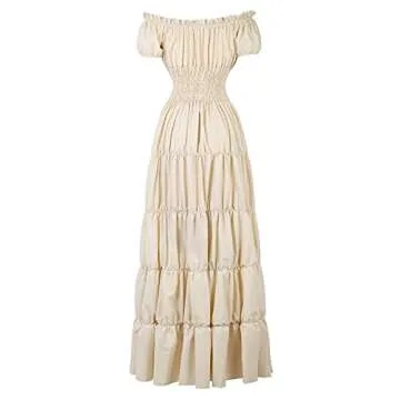 Haorugut Renaissance Dress Women Fairy Irish Dress for Women Costume Peasant Smocked Waist Beige XL