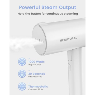 BEAUTURAL Steamer for Clothes, Foldable Handheld Clothing Wrinkles Remover for Garments, 30-Second Fast Heat-up, Portable Fabric Steamer for 120V Countries, Not for Use in 220V Such as Europe